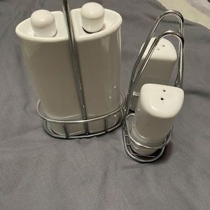 White vinegar dispensers and salt and pepper dispenser
